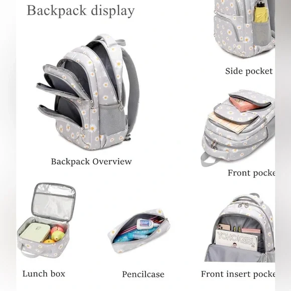 NWT 3Pcs Daisy Prints Backpack Bookbag set, AVAILABLE IN GREY AND BLACK